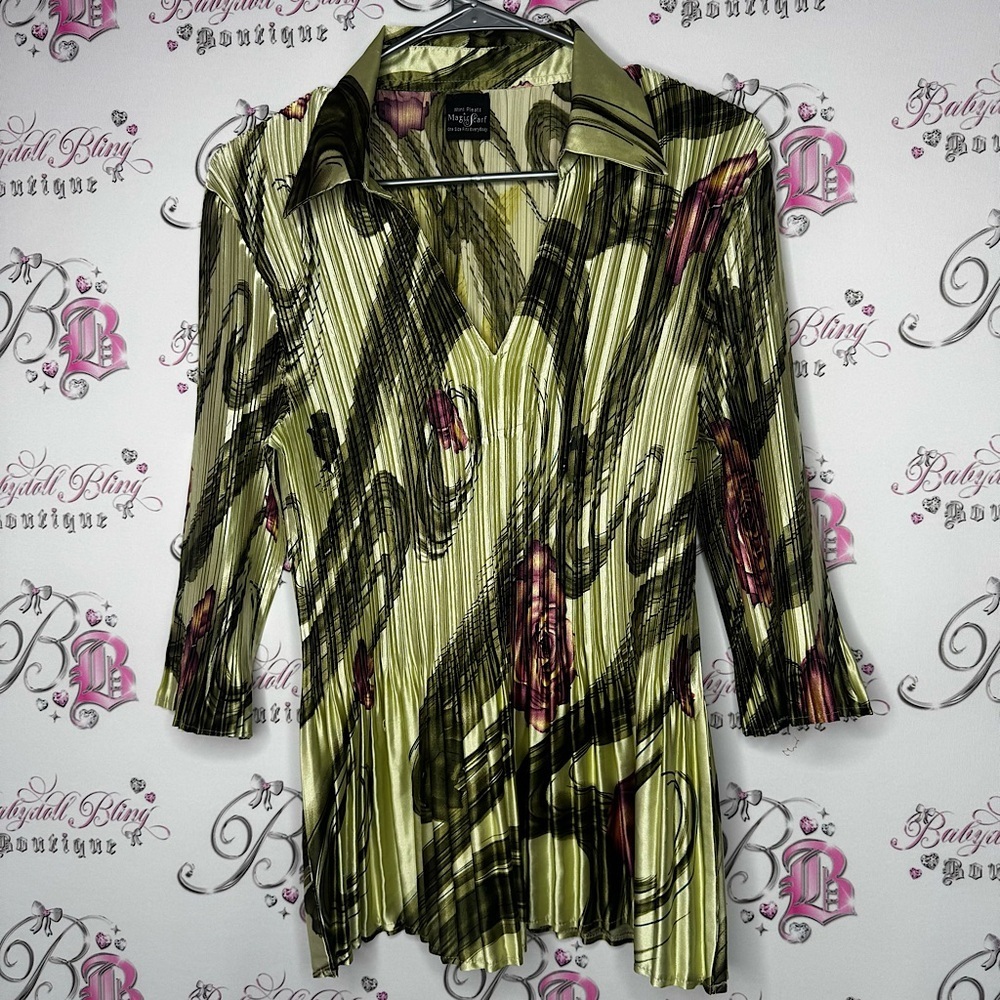 Mini pleats magic scarf top pleated floral green purple stretchy soft shiny luxe